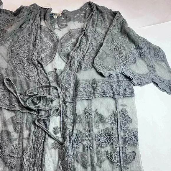 Lace kimono cardigan front tie embroidered designs tulle gray - Picture 2 of 5